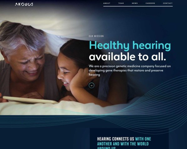 Biotech Web Design Example: Akouos Homepage.