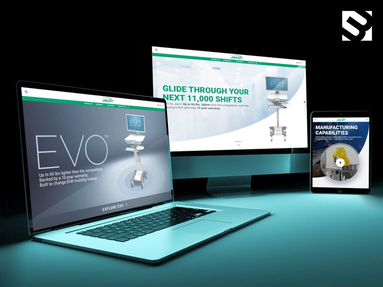 Jaco's EVO product website shown across laptop, monitor, and tablet screens, designed by 3 Media Web