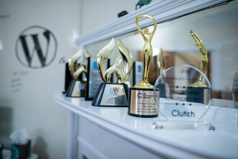 3 Media Web awards on a mantel beside a WordPress logo on the wall