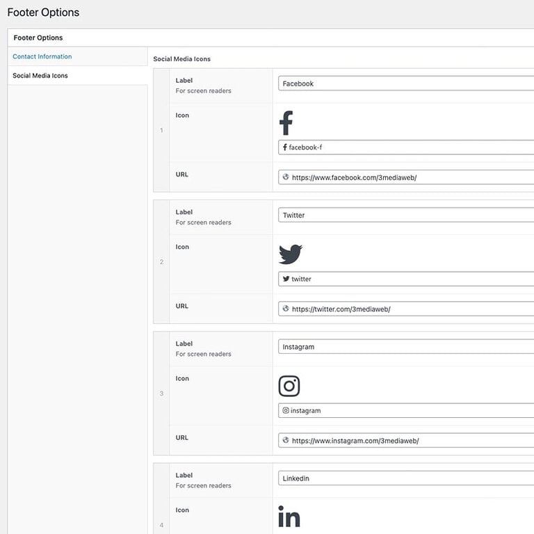 WordPress ACF footer options screen configuring social media icon fields