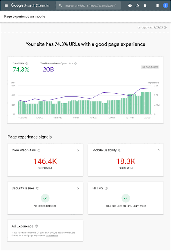 Google's new Page Experience report found within the Search Console tool.