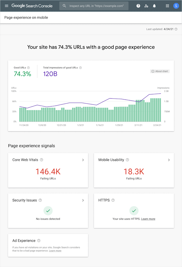 Google's new Page Experience report found within the Search Console tool. 