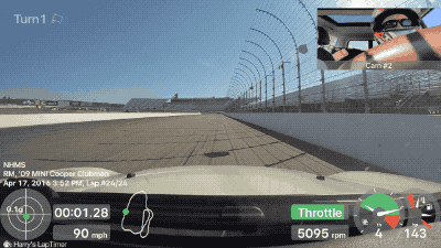 Short looping video of the driver point of view going down the main straight of New Hampshire International Speedway. Includes data on throttle, power output, G-forces and track location, as well as inset driver video