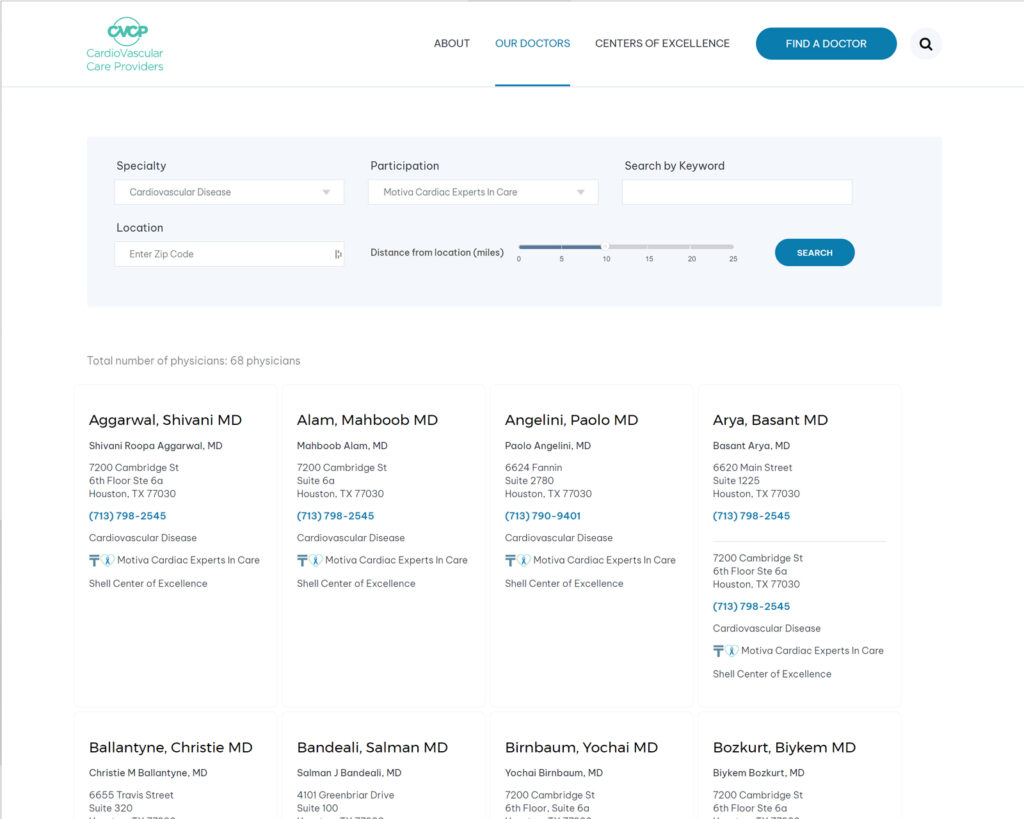 CardioVascular Care Providers Homepage - Find a Doctor Search page