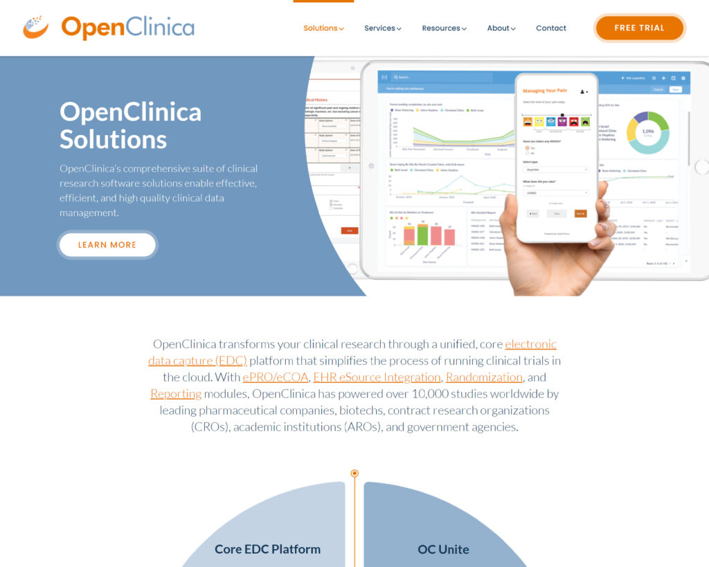 OpenClinica Solutions Page After