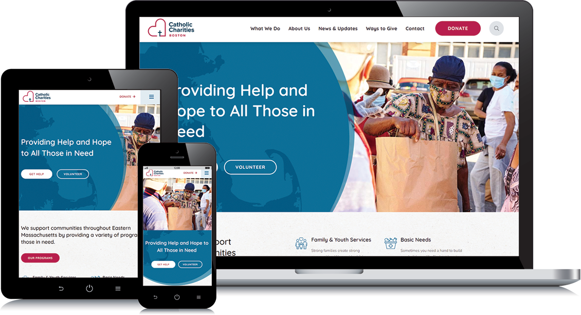Catholic Charities Boston new website display on phone, tablet & desktop