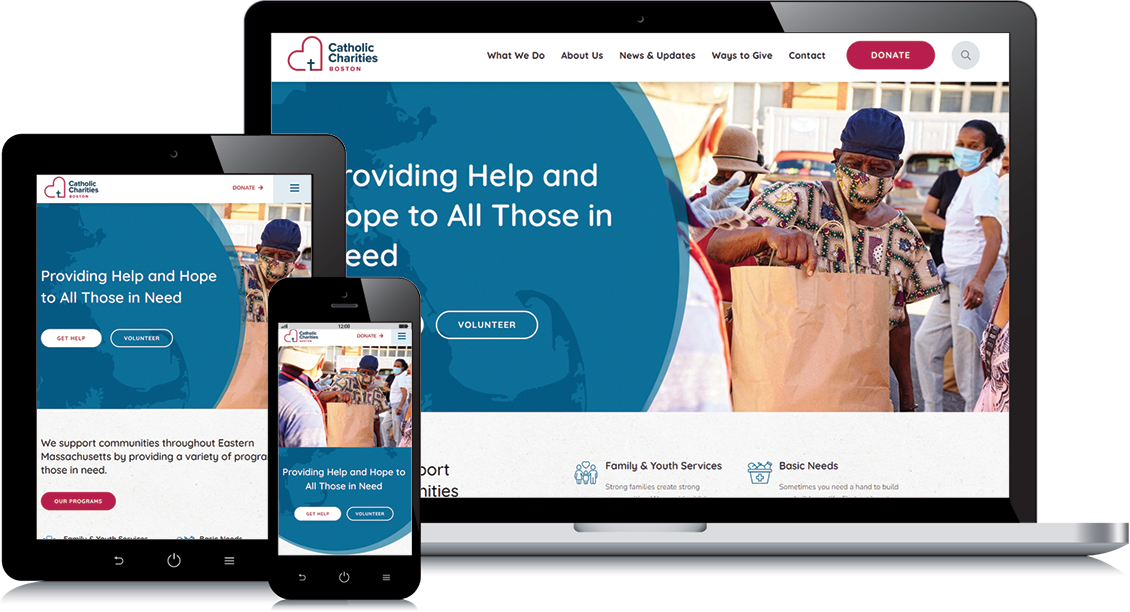 Catholic Charities Boston new website display on phone, tablet & desktop