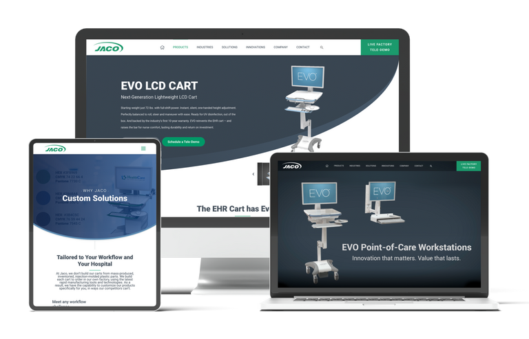 Jaco EVO LCD Cart website shown across desktop, tablet, and laptop