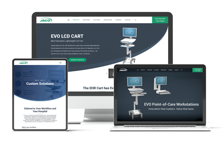 Jaco EVO LCD Cart website shown across desktop, tablet, and laptop