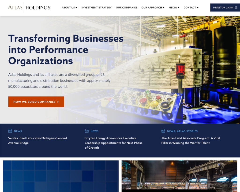 The new Atlas Holdings homepage web design from 3 Media Web.