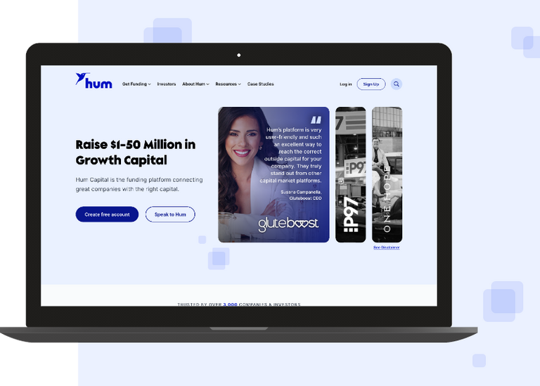 Hum Capital website homepage on a laptop with growth capital messaging