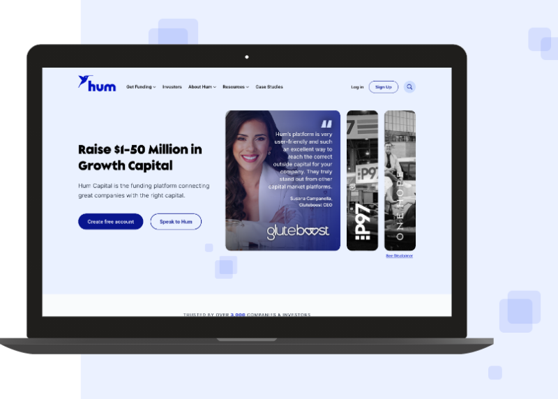Hum Capital website homepage on a laptop with growth capital messaging