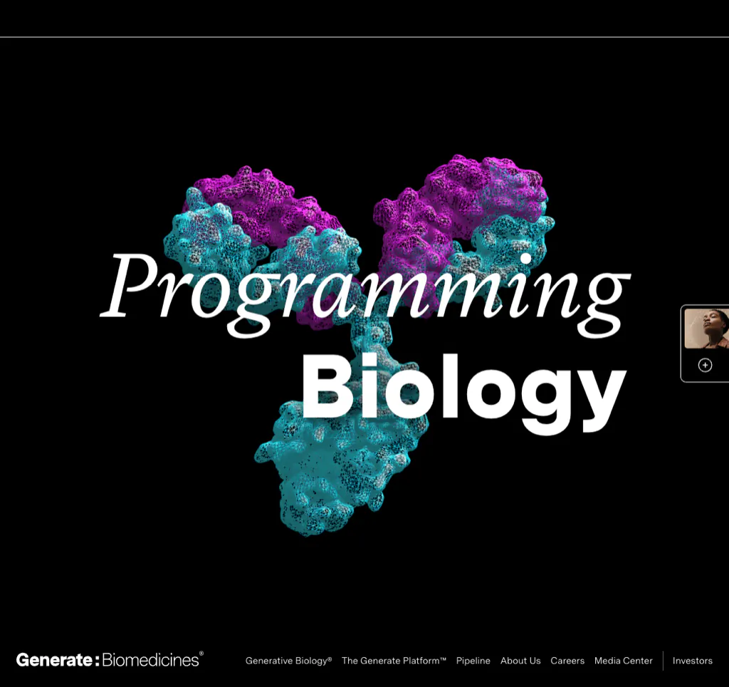 Generate:Biomedicines homepage highlighting its Programming Biology platform claim
