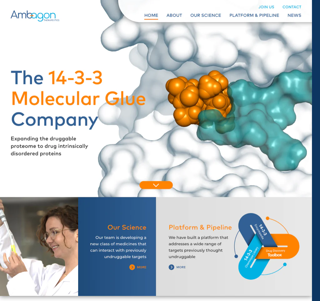 Ambagon Therapeutics homepage stating its "14-3-3 Molecular Glue Company" focus