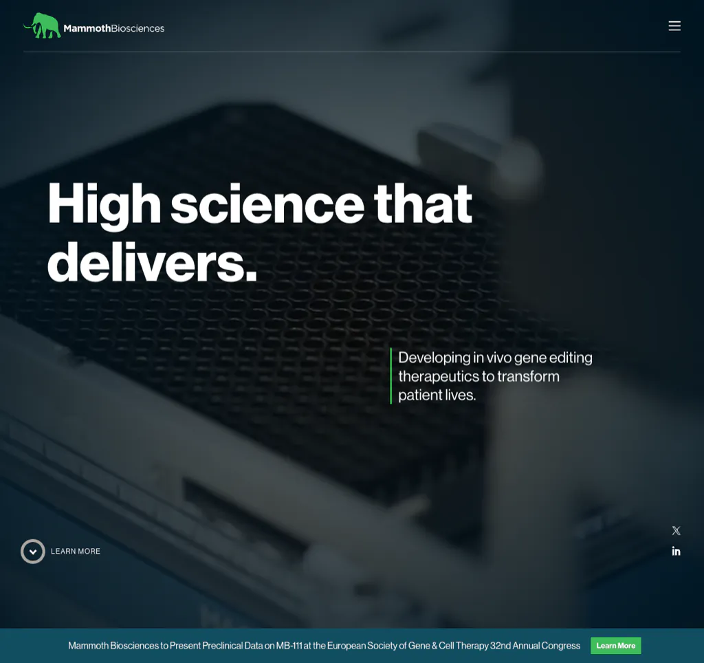 Mammoth Biosciences homepage separating therapeutics, protein discovery, and diagnostics