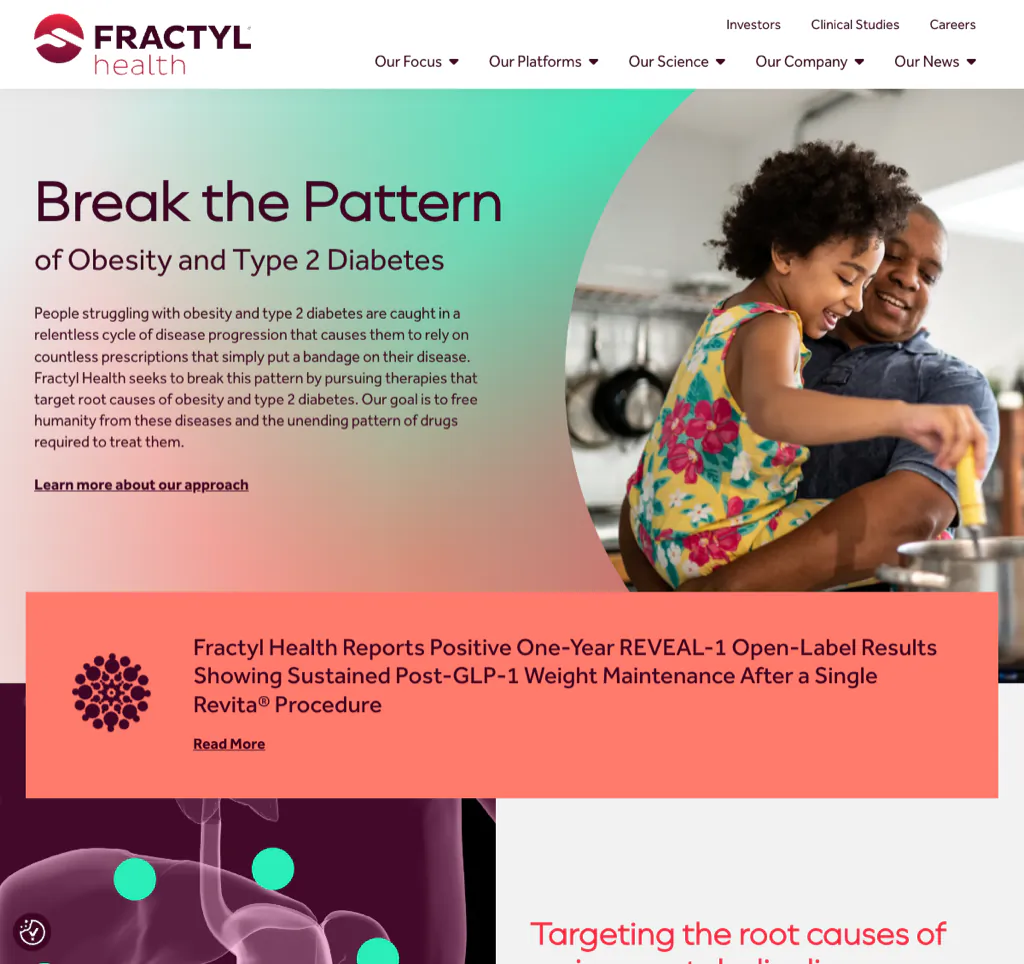 Fractyl Health homepage presenting its Revita and Rejuva metabolic-disease platforms