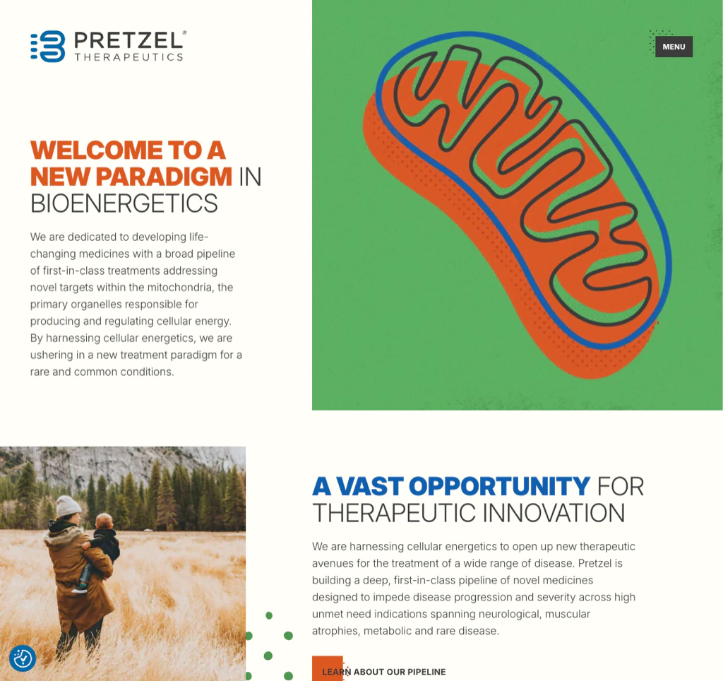 Pretzel Therapeutics homepage introducing its mitochondrial biology platform