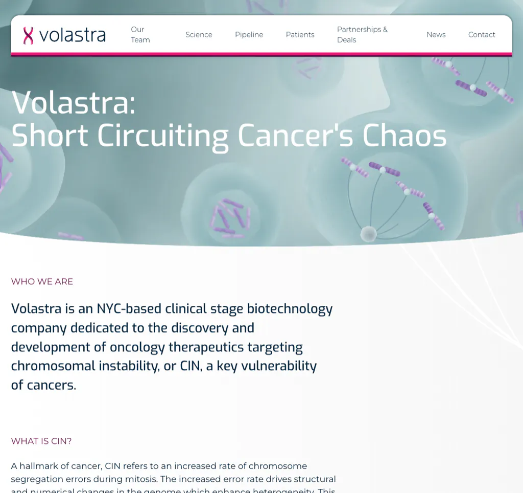 Volastra Therapeutics homepage introducing its chromosomal-instability platform