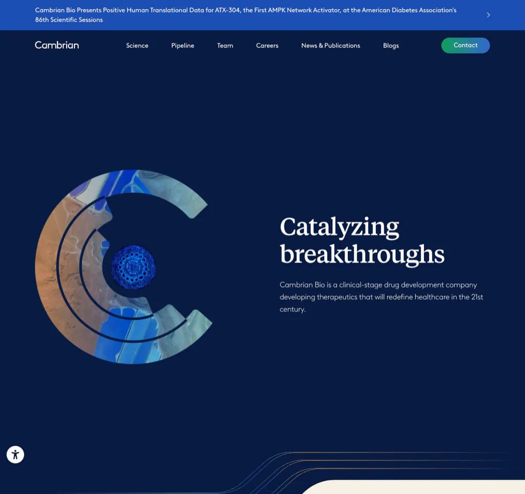 Cambrian Bio homepage using a coherent premium brand system to connect its portfolio of programs