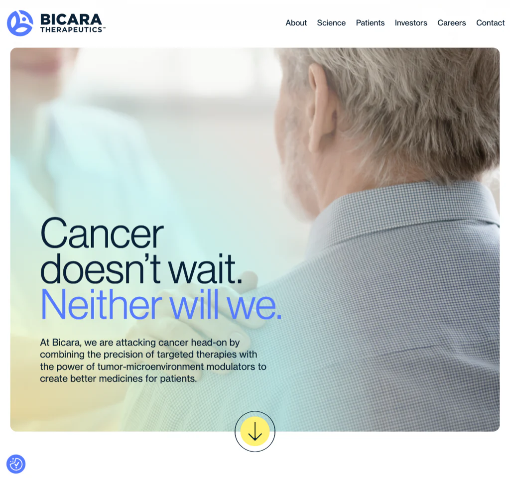 Bicara Therapeutics homepage leading with its mission statement and clinical program