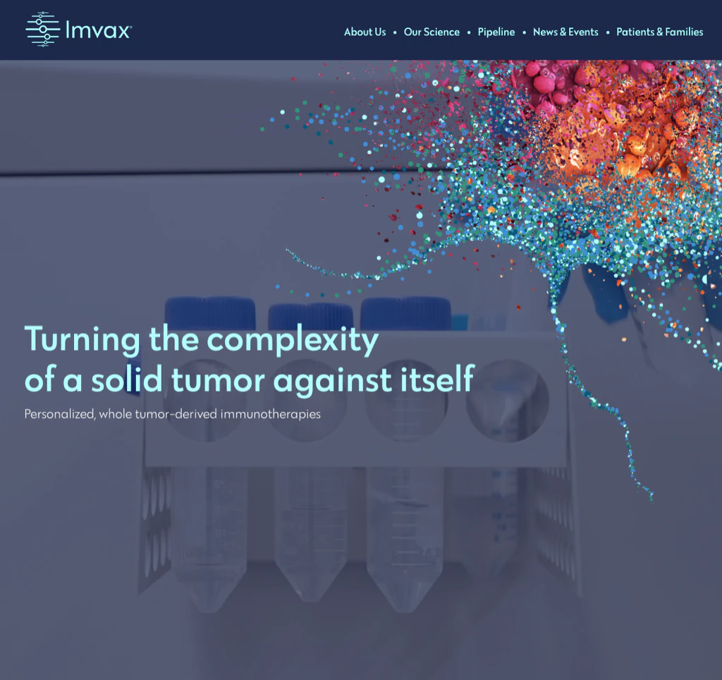 Imvax homepage layering a broad overview with deeper platform and pipeline content via a hero video