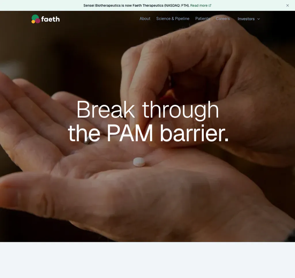 Faeth Therapeutics homepage centering its PIKTOR program after its rebrand from Sensei