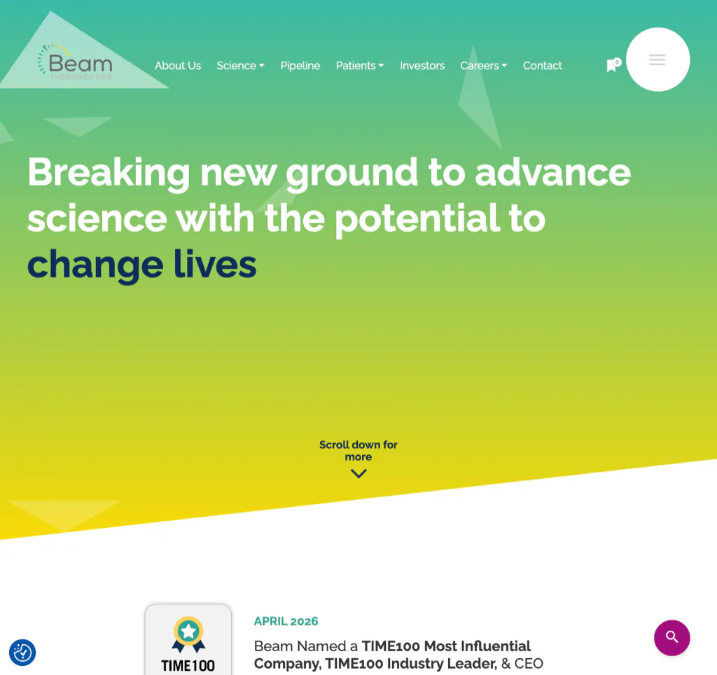 Beam Therapeutics homepage connecting its base-editing platform to programs and pipeline information