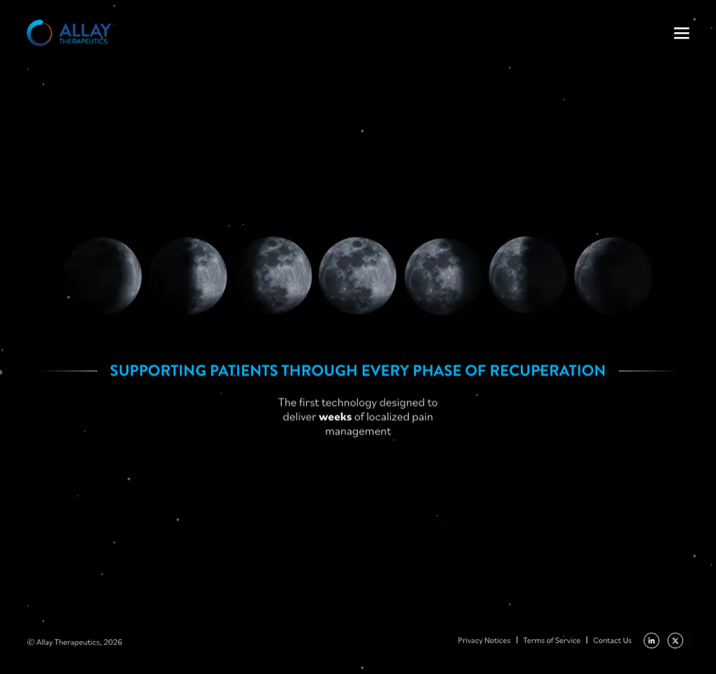 Allay Therapeutics homepage using lunar phase imagery for its pain-relief story