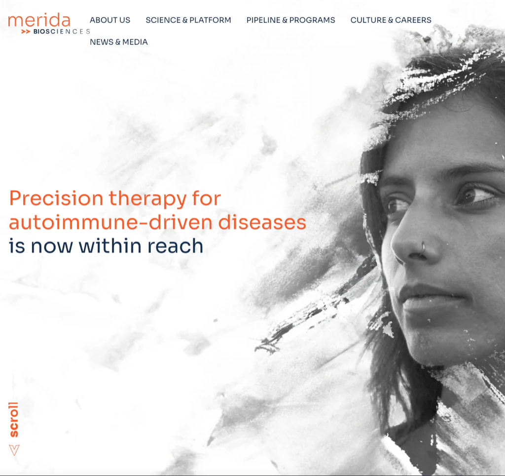 Merida Biosciences homepage presenting its positioning around autoimmune-driven disease