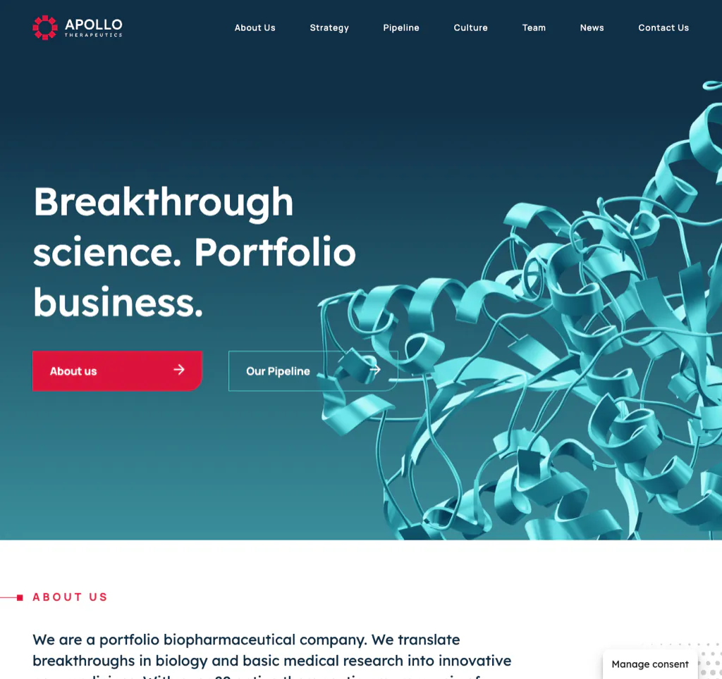 Apollo Therapeutics homepage explaining its portfolio and partnership operating model