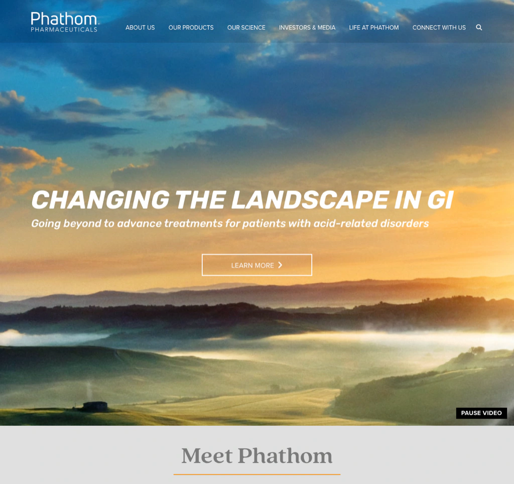 Phathom Pharmaceuticals homepage separating patient, healthcare-professional, and investor pathways