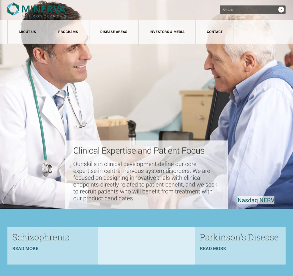Minerva Neurosciences homepage organizing CNS programs, publications, and investor info