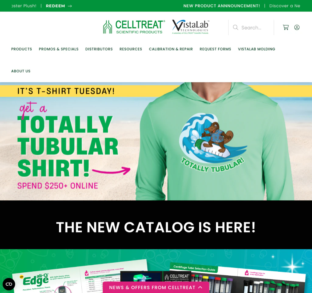 CELLTREAT homepage pairing playful brand illustration with serious product search and navigation