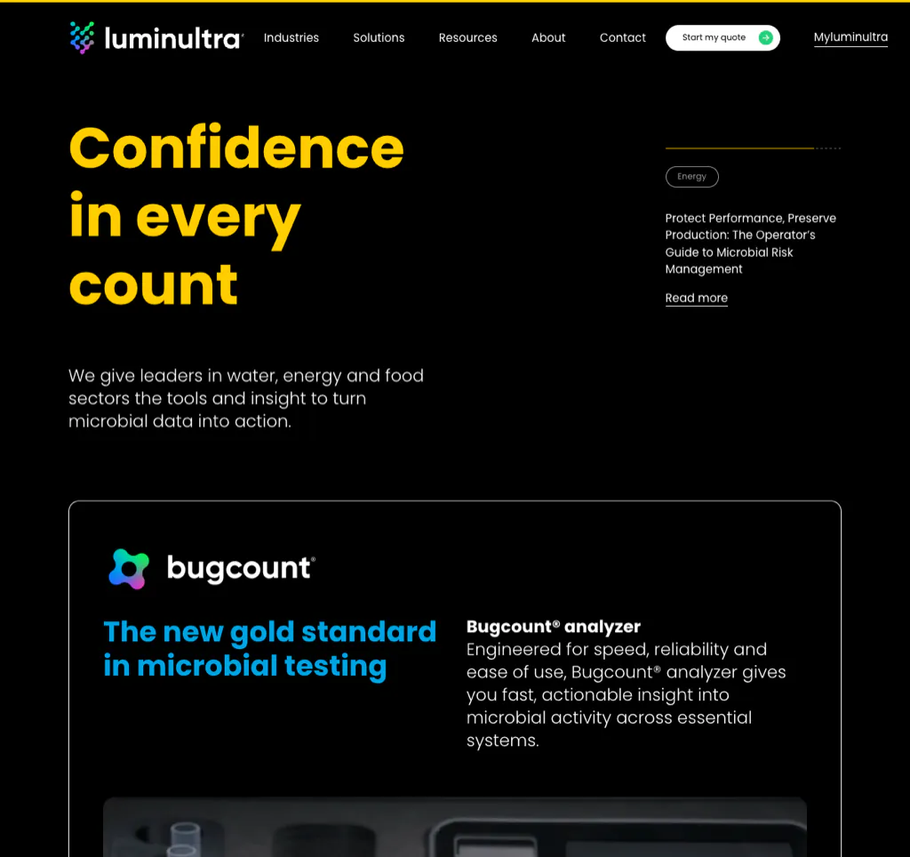 LuminUltra homepage routing technical buyers by industry, solution, and application