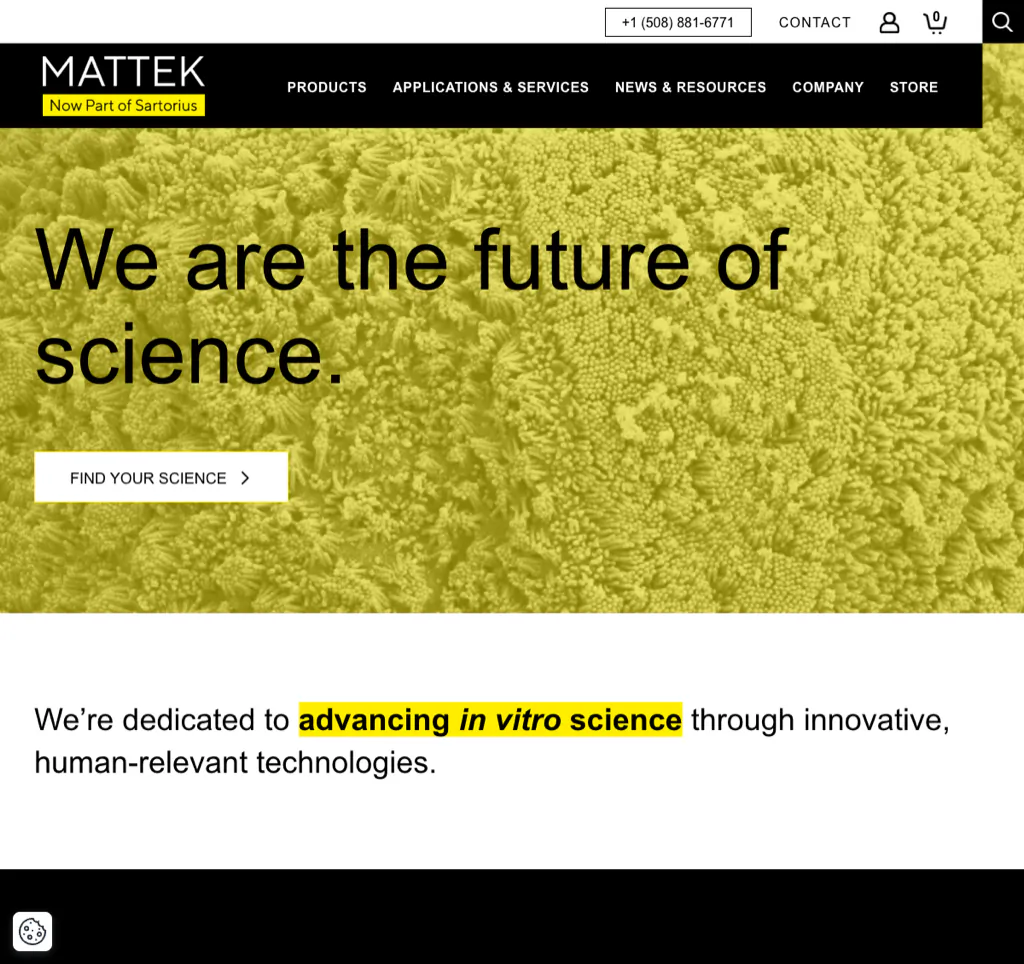 MatTek Life Sciences homepage using category-led navigation across a broad tissue-model catalog