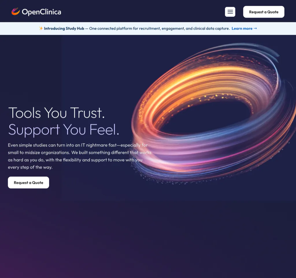 OpenClinica homepage showing role- and solution-based pathways for clinical research teams