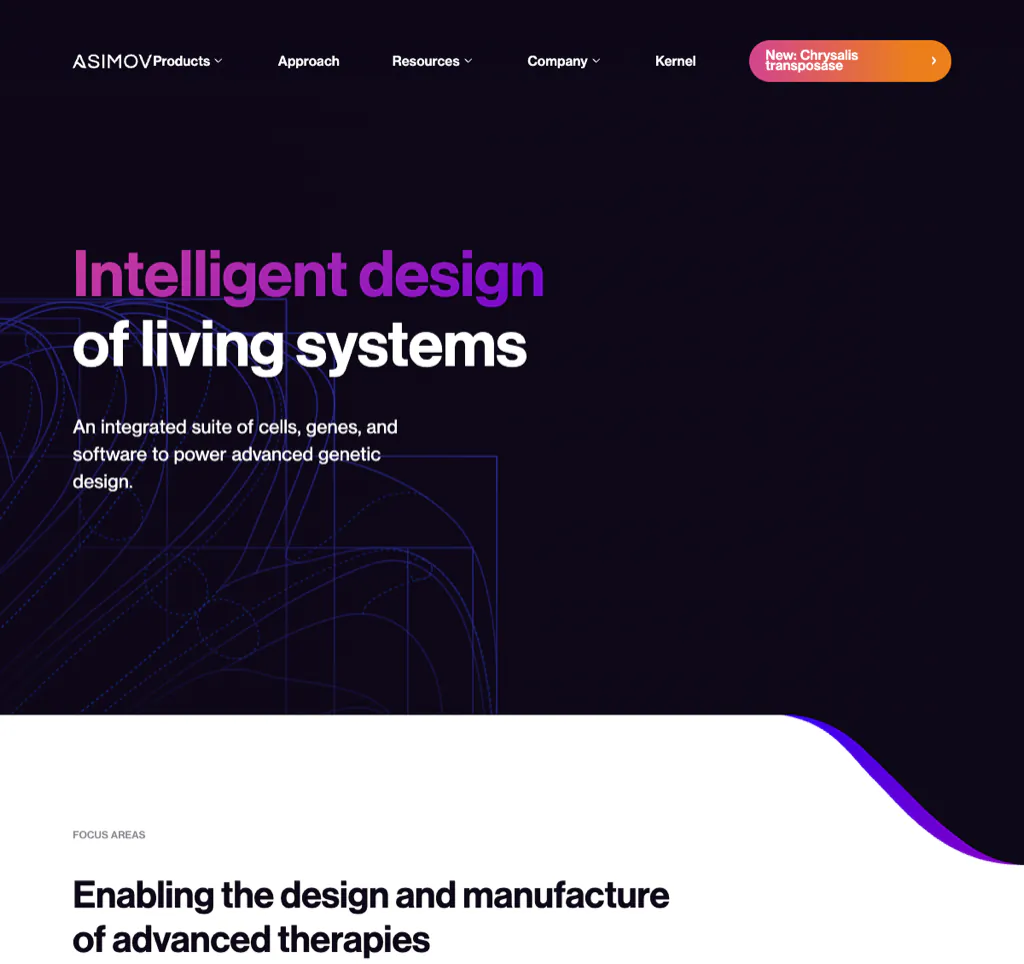 Asimov homepage structuring focus areas across cells, genetic design, and biomanufacturing services
