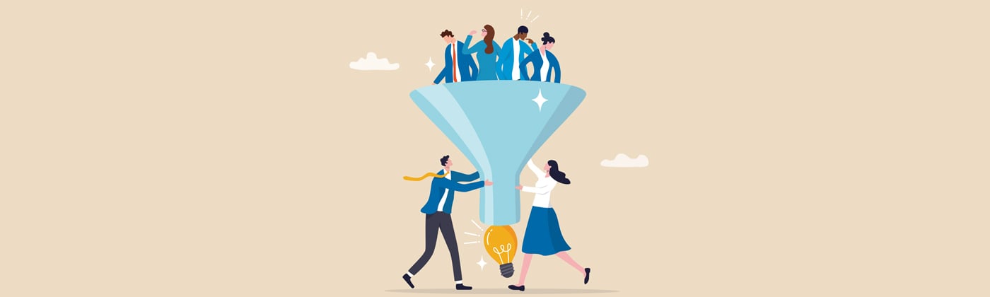 Marketer reviewing a website conversion funnel chart to benchmark testing results.