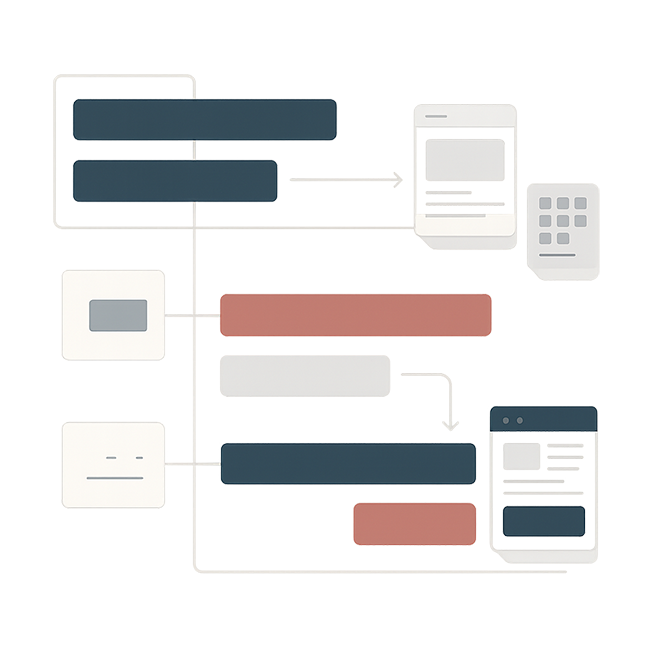 Abstract Gantt-style illustration showing a phased website rollout, with visual blocks representing MVP tasks in Phase 1 and expanded features in Phase 2.