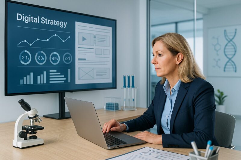 A professional woman sits at a desk inside a biotech firm.