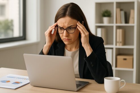 A professional woman reviews a website checklist at her desk.