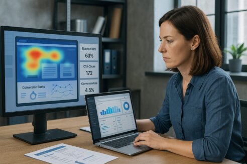 Professional marketer reviews website metrics on her computer.