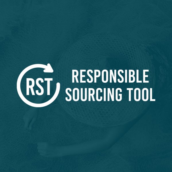 Responsible Sourcing Tool logo over a worker weaving fishing net