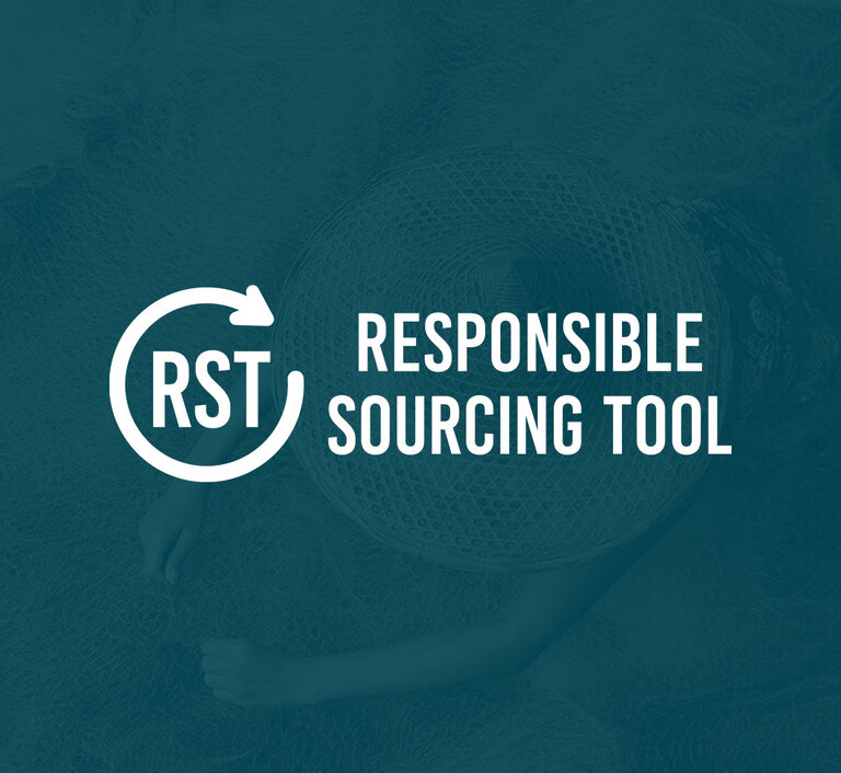 Responsible Sourcing Tool logo over a worker weaving fishing net