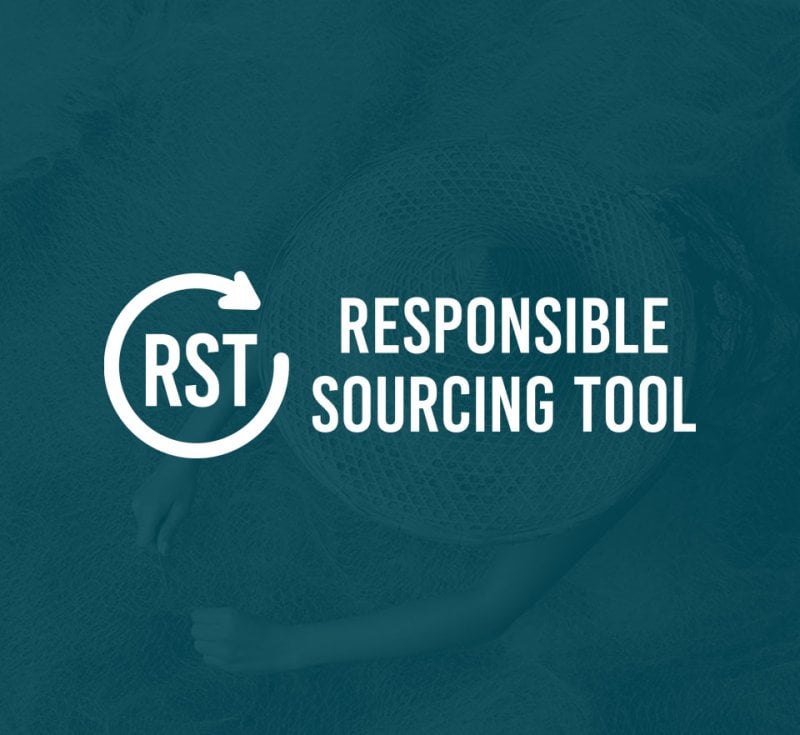 Responsible Sourcing Tool logo over a worker weaving fishing net