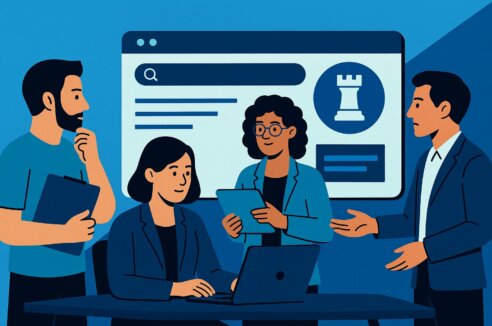 A marketing team reviews the website strategy together.