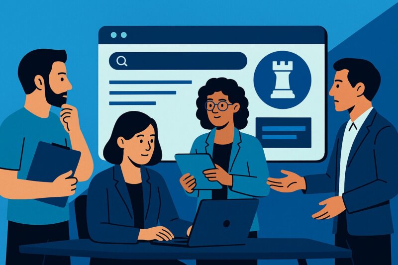 A marketing team reviews the website strategy together.