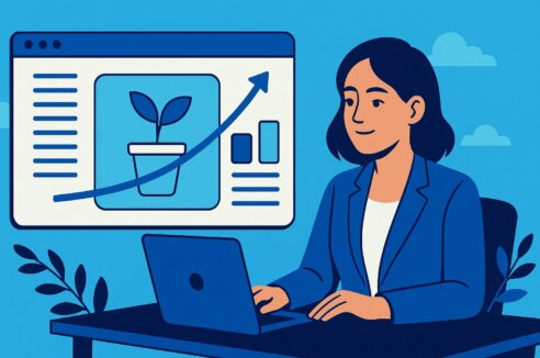 Illustration of a CMO reviewing her website strategy.