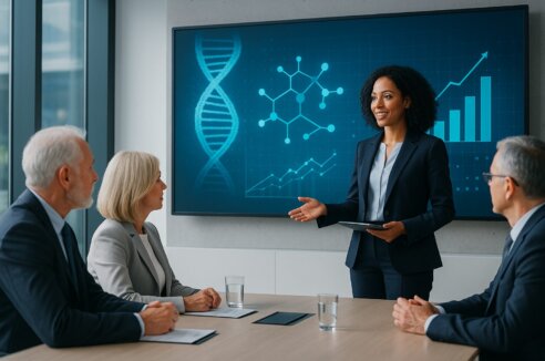 A biotech CMO presents marketing strategies to the board.