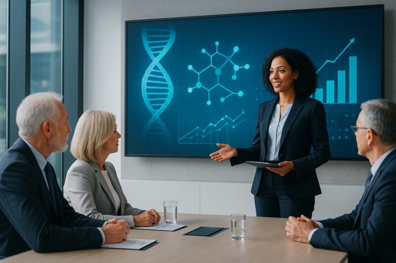 A biotech CMO presents marketing strategies to the board.